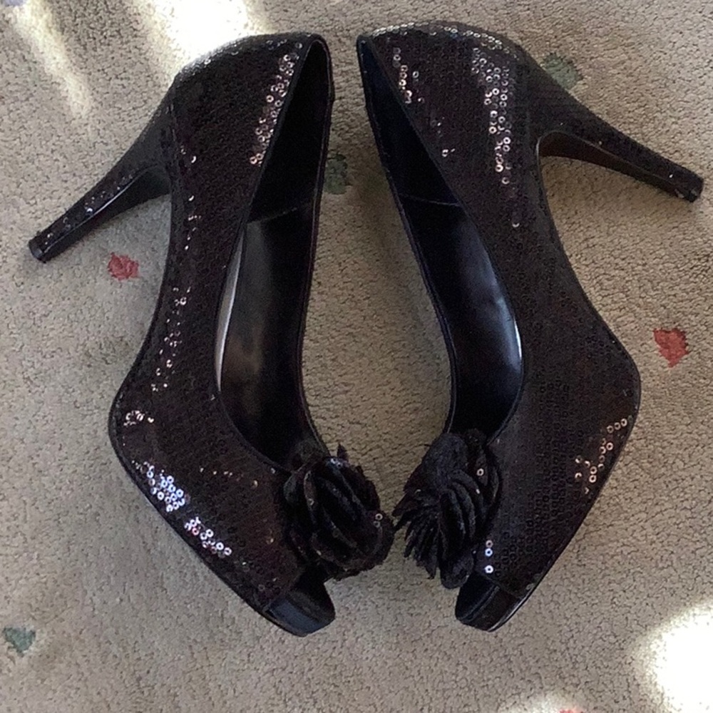 White House Black Market Black Sequin Heels SZ9